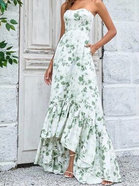 Strapless Green Leaf Print Maxi Dress